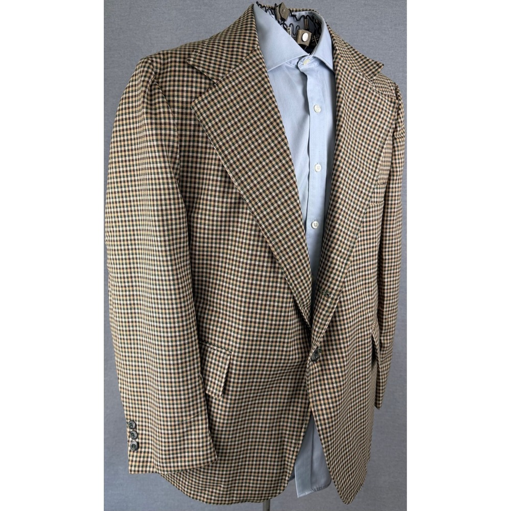 Vintage Bespoke Mens Micro Check Blazer Brown Green Sport Coat 40R Wide lapel